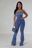 Strapless, backless, adjustable drawstring denim jumpsuit