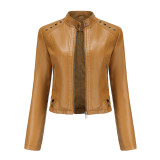 Riveted leather jacket, long sleeved jacket, stand up collar jacket