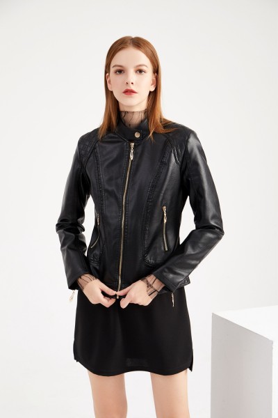 Women's leather jacket with oversized stand up collar and PU leather jacket jacket
