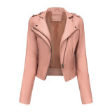 Zipper long sleeved leather jacket with rivets, short jacket