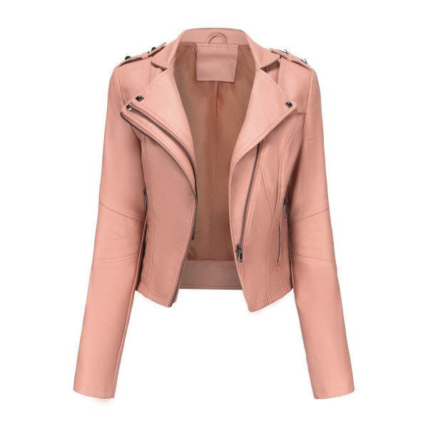 Zipper long sleeved leather jacket with rivets, short jacket