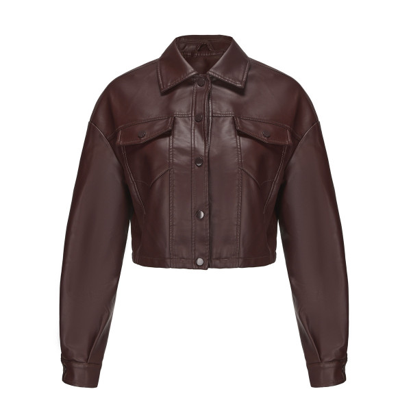 Loose collar leather jacket, long sleeved, single breasted, short jacket