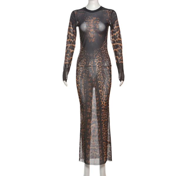 Mesh see through leopard print long sleeved dress K24D56731
