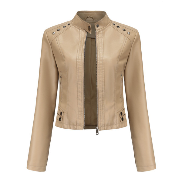 Riveted leather jacket, long sleeved jacket, stand up collar jacket