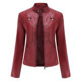 Women's leather jacket, stand up collar jacket, solid color women's leather jacket
