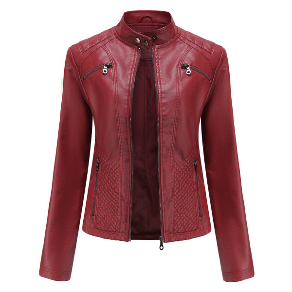 Women's leather jacket, stand up collar jacket, solid color women's leather jacket