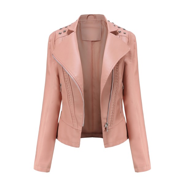 Ladies' beaded leather jacket, lapel motorcycle suit