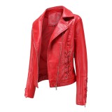 Knitted leather jacket with straps for women