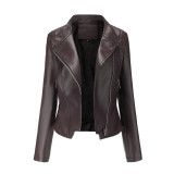 PU collar leather jacket women's long sleeved jacket short jacket