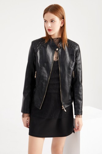 Women's leather jacket with oversized stand up collar and PU leather jacket jacket