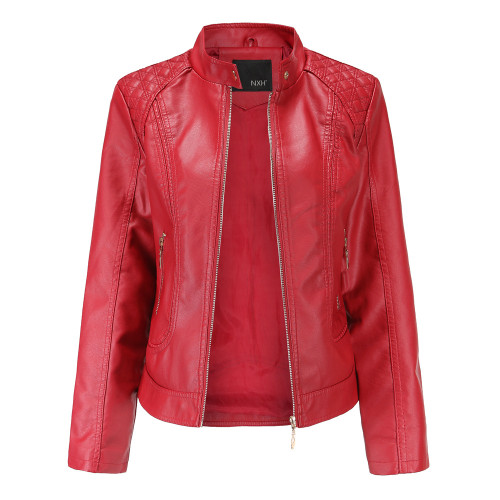 Women's leather jacket with oversized stand up collar and PU leather jacket jacket