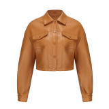 Loose collar leather jacket, long sleeved, single breasted, short jacket