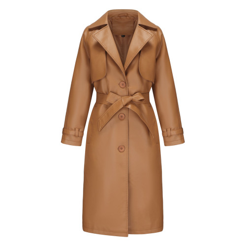 Women's trench coat, long loose jacket, PU leather jacket, lapel jacket with belt included