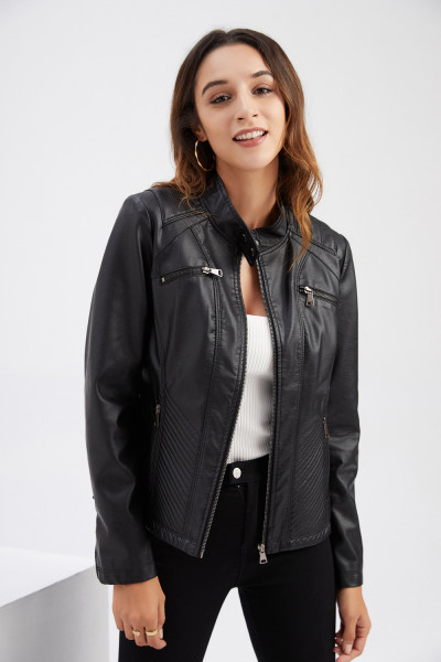 Women's leather jacket, stand up collar jacket, solid color women's leather jacket