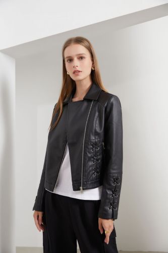 Knitted leather jacket with straps for women