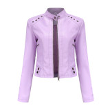 Riveted leather jacket, long sleeved jacket, stand up collar jacket