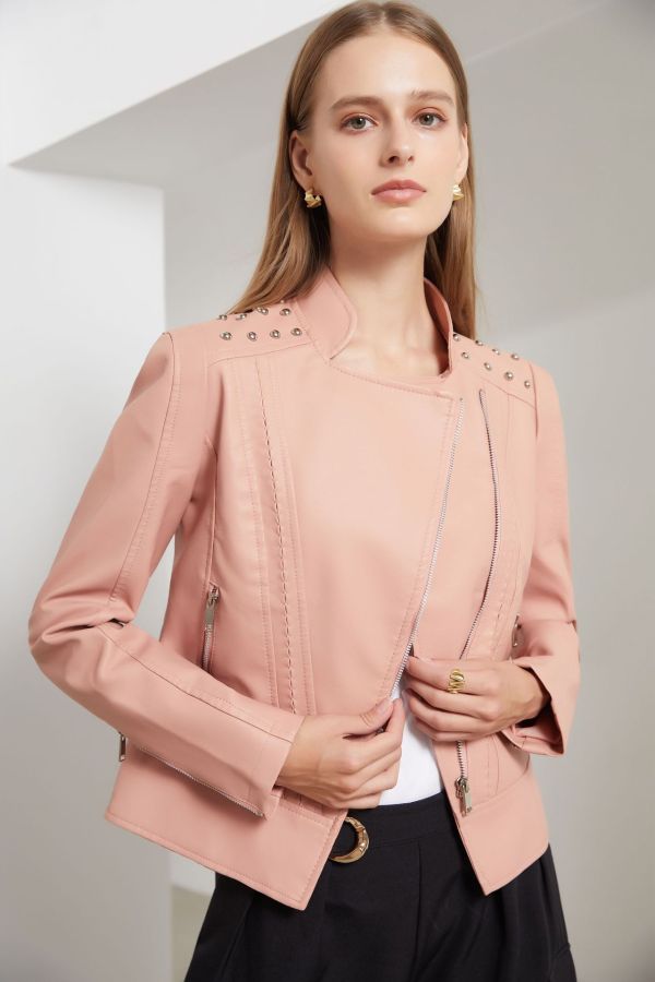 Ladies' beaded leather jacket, lapel motorcycle suit