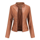 Jacket thin jacket women's motorcycle suit plus size stand up collar leather jacket