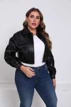 Large loose leather jacket, long sleeved, single breasted, short jacket