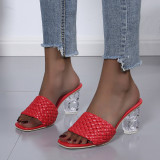 Crystal and woven strap high-heeled slippers