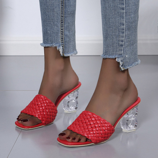 Crystal and woven strap high-heeled slippers