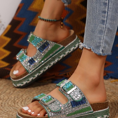 Thick soled double button rhinestone cork slippers