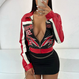 Embroidered collar, waist cinching, exposed navel, short zipper jacket