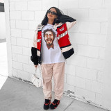 Printed tricolor long sleeved trench coat motorcycle jacket