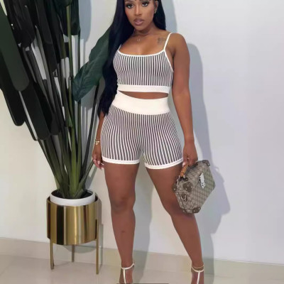 Knitted striped color blocked small suspender short set