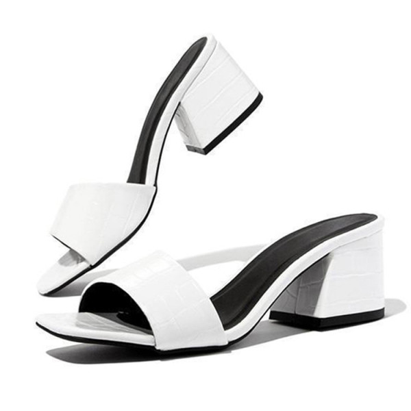 Square toe thick heel high-heeled slippers with a straight strap