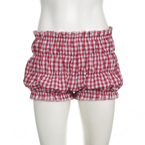 Folded zip shorts with elastic waistband, contrasting color plaid low waisted hot pants