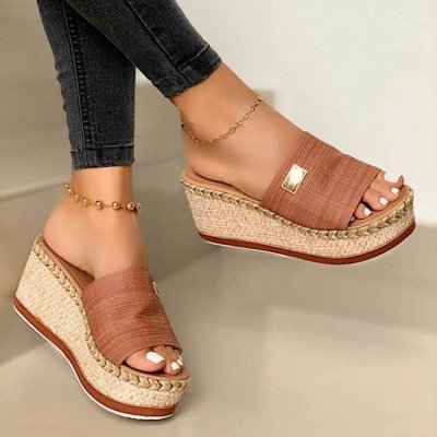 Large size thick soled flat slippers with sloping heel and sponge cake thick soled sandals