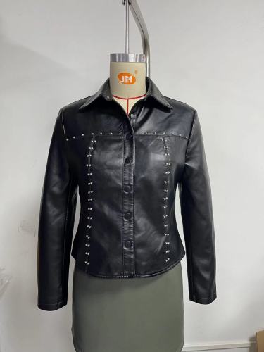 Riveted leather jacket, cardigan, buttoned leather jacket, thin coat