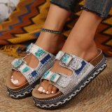 Thick soled double button rhinestone cork slippers