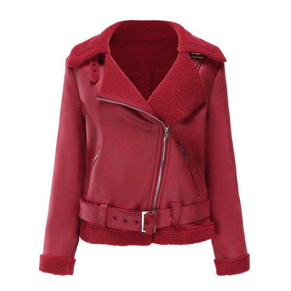 Fur integrated warm suede jacket with collar and waist belt included