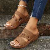 Slope heel thick soled breathable slippers, large size, one foot kick, slope heel flower sandals