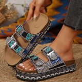 Thick soled double button rhinestone cork slippers