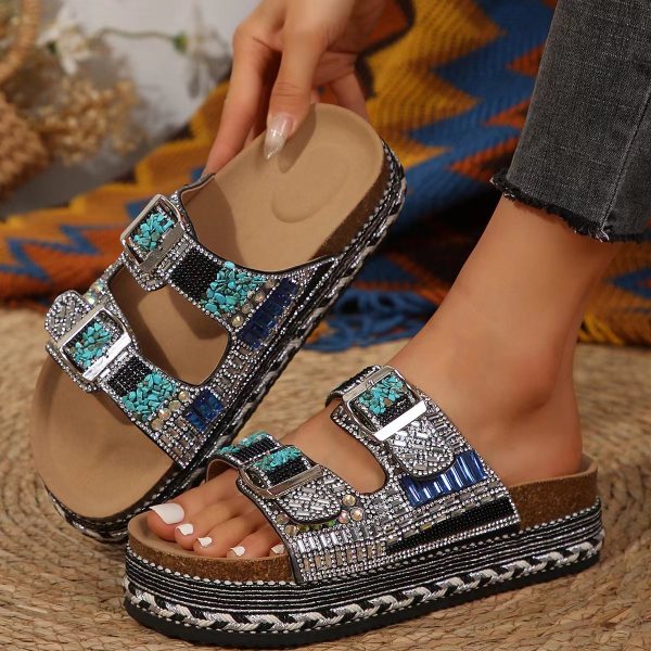 Thick soled double button rhinestone cork slippers
