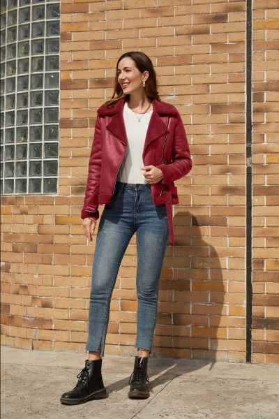 Fur integrated warm suede jacket with collar and waist belt included