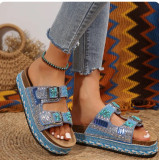 Thick soled double button rhinestone cork slippers