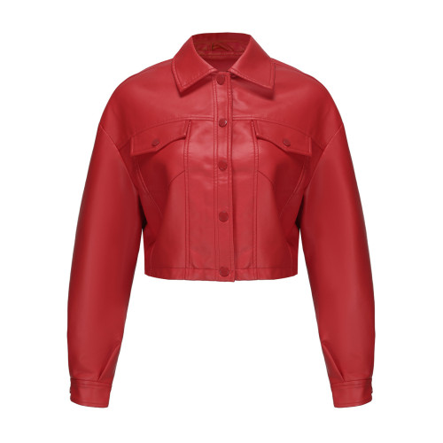 Large loose leather jacket, long sleeved, single breasted, short jacket