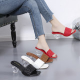 Crystal and woven strap high-heeled slippers