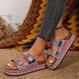 Thick soled double button rhinestone cork slippers