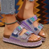 Thick soled double button rhinestone cork slippers