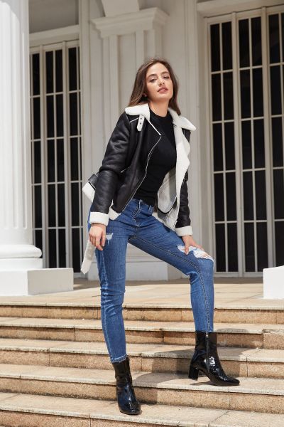 Fur integrated warm suede jacket with collar and waist belt included