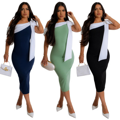 One shoulder lace up solid color slit dress sleeveless long dress