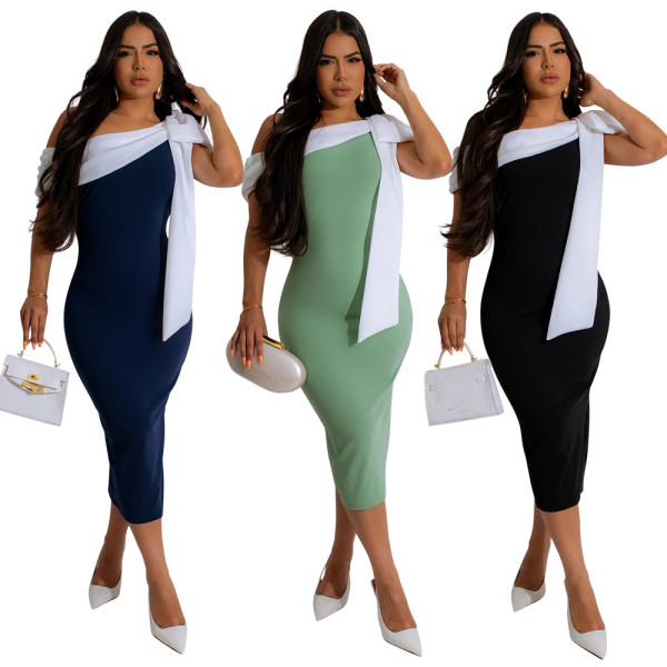 One shoulder lace up solid color slit dress sleeveless long dress
