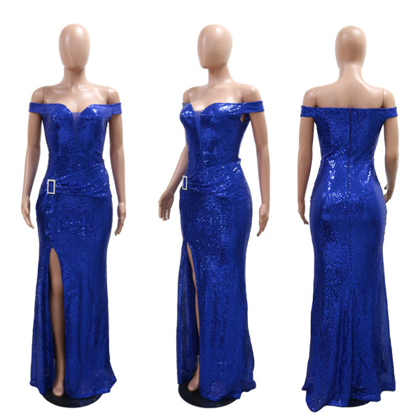 One shoulder high slit sequin dress