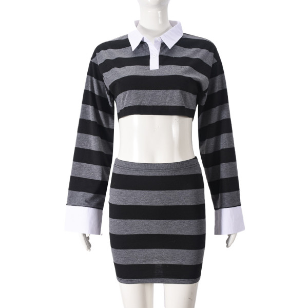 Striped color blocked shirt collar long sleeved short skirt two-piece set