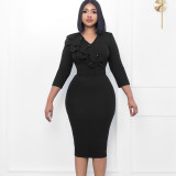 Large double-layer collar nail bead V-neck hip hugging skirt